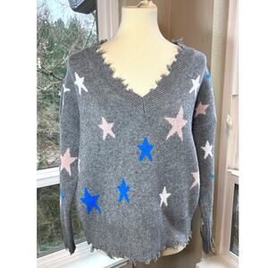 Stars Pattern Sweater VNeck Multicolor Raw Hem Edgy Size Large Hems & Thread